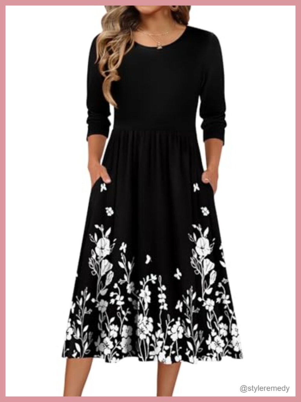 Women's 3/4 Sleeve Midi Dress A-Line Casual Flowy with Pockets